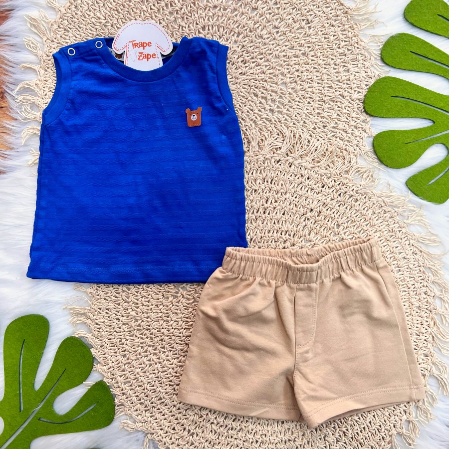 Conj. Regata Mini Urso e Bermuda - Azul Royal e Areia